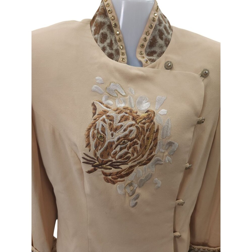 High Drama Womens Blazer Size 8 Beige Leopard Vintage 80s Embroidered Tiger Desi